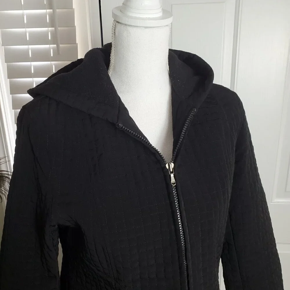 Esprit Quilted Jacket Womens‎ Small Black Mid Length Hooded Zippered Pocket